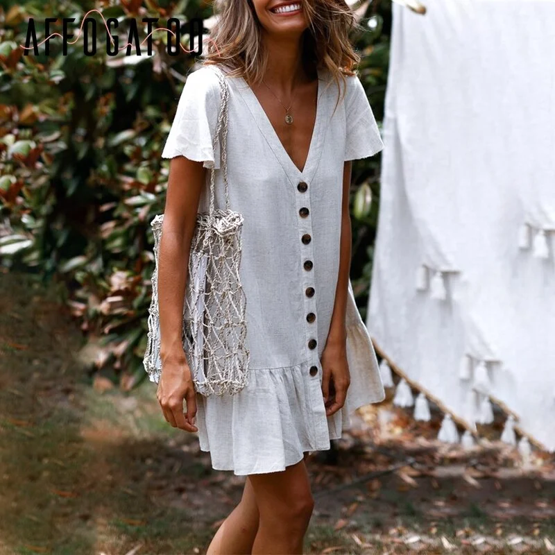 Affogatoo Casual v-neck summer cotton linen dress women Ruffle buttons loose mini dress Holiday beach shift dresses ladies 2019 Affogatoo Casual v-neck summer cotton linen dress women Ruffle buttons loose mini dress Holiday beach shift dresses ladies 2019