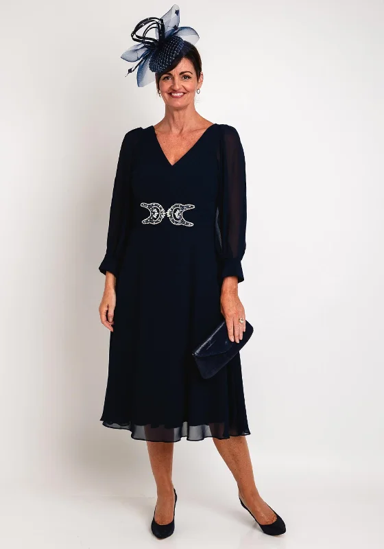 Lizabella Sheer Sleeve Embellished Waist Midi Dress, Navy