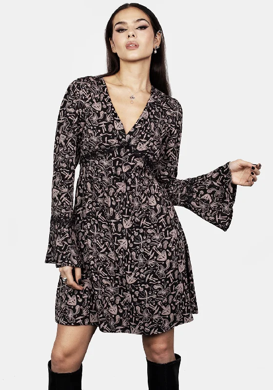 Mycophile Mushroom Print Mini Ruffle Dress
