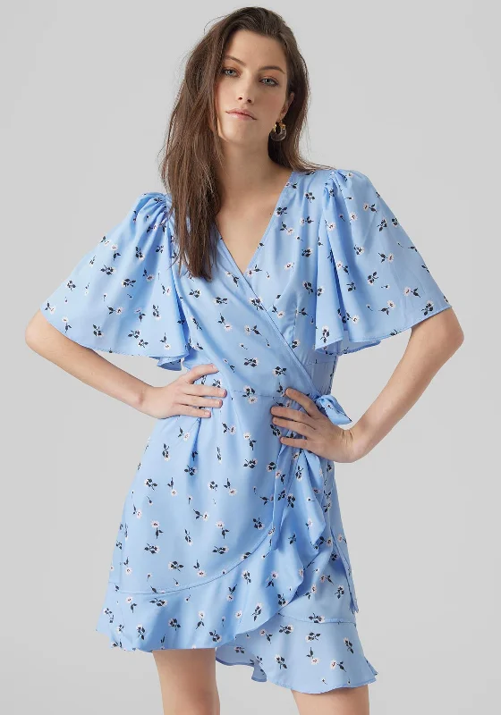 Vero Moda Emma Floral Wrap Mini Dress, Little Boy Blue