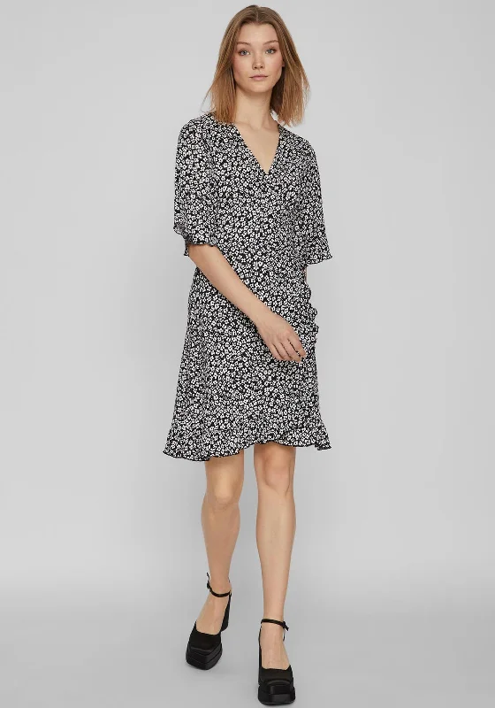 Vila Ditsy Floral Wrap Mini Dress, Black