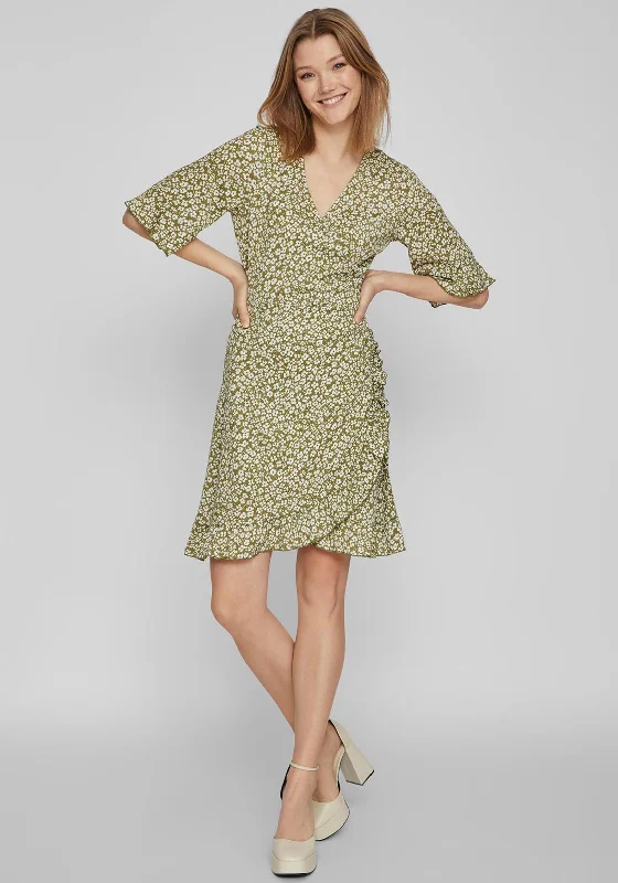 Vila Ditsy Floral Wrap Mini Dress, Calliste Green