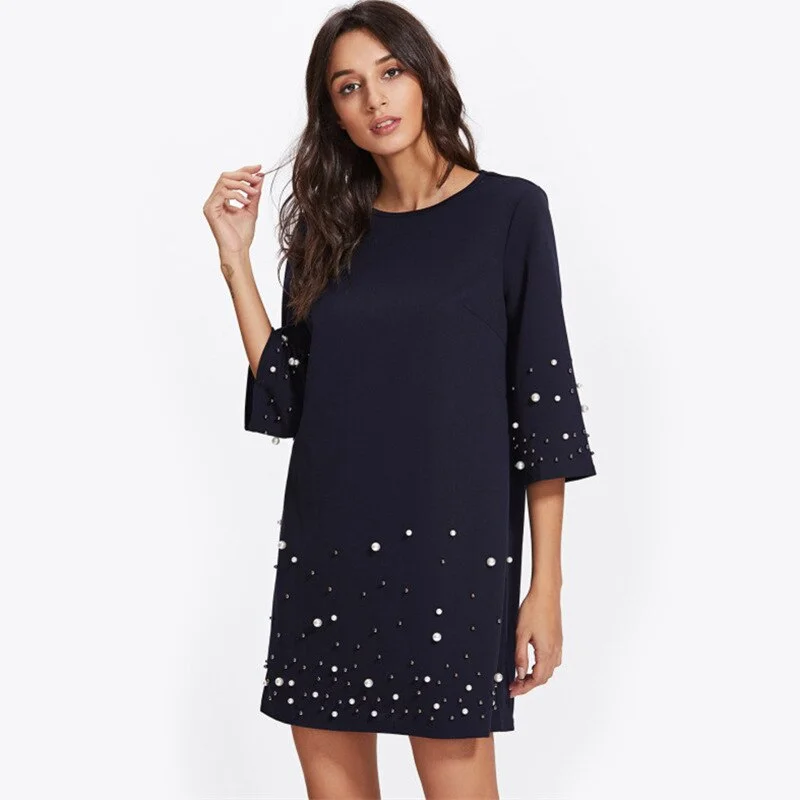 Women 3/4 Sleeve pearl embellished shift dress sukienka Plus size 2xl tunic Casual o-neck loose mini dress Summer frocks Women 3/4 Sleeve pearl embellished shift dress sukienka Plus size 2xl tunic Casual o-neck loose mini dress Summer frocks