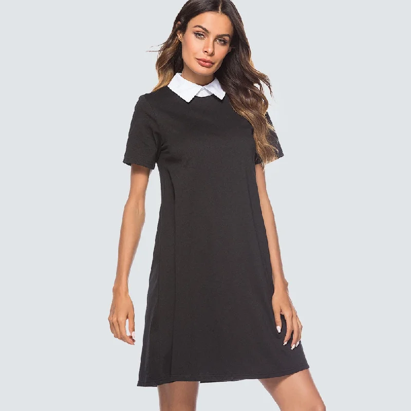 Women Casual Brief Solid Color Shift Mini Dress Black Turn-down Collar Short Sleeve Straight Lady Dress HT035 Women Casual Brief Solid Color Shift Mini Dress Black Turn-down Collar Short Sleeve Straight Lady Dress HT035
