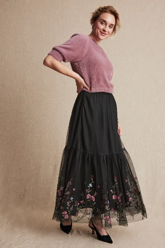 Women's black blossom mesh skirt