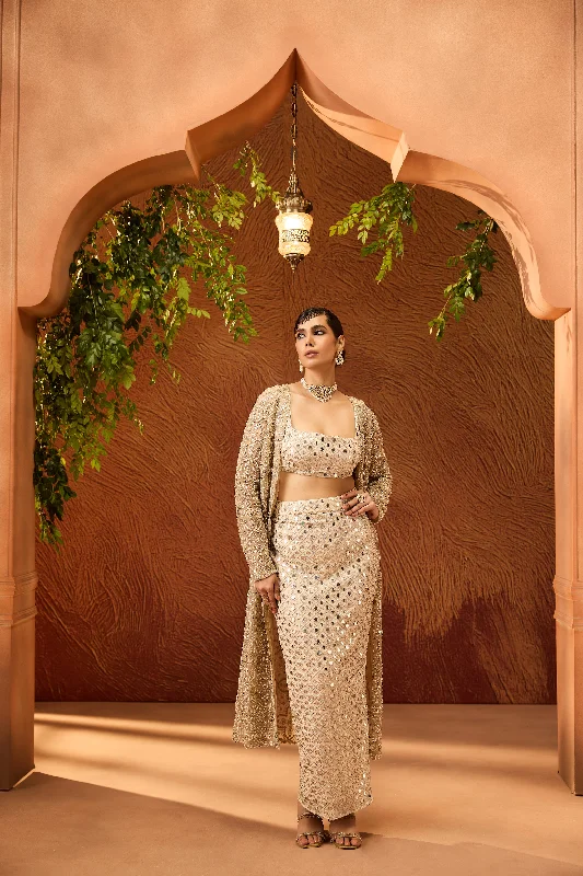 Upasana Gold Embellished Bralette-Column Skirt with Jacket Set