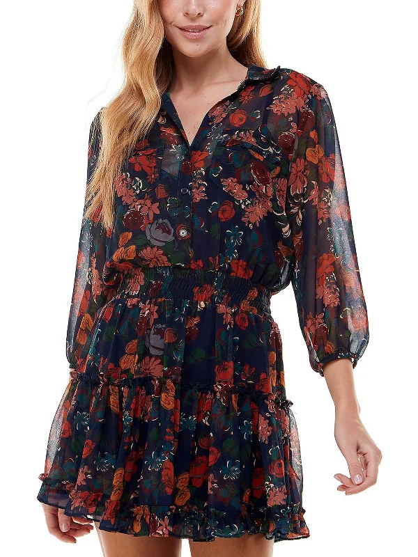 Juniors Womens Chiffon Floral Shirtdress
