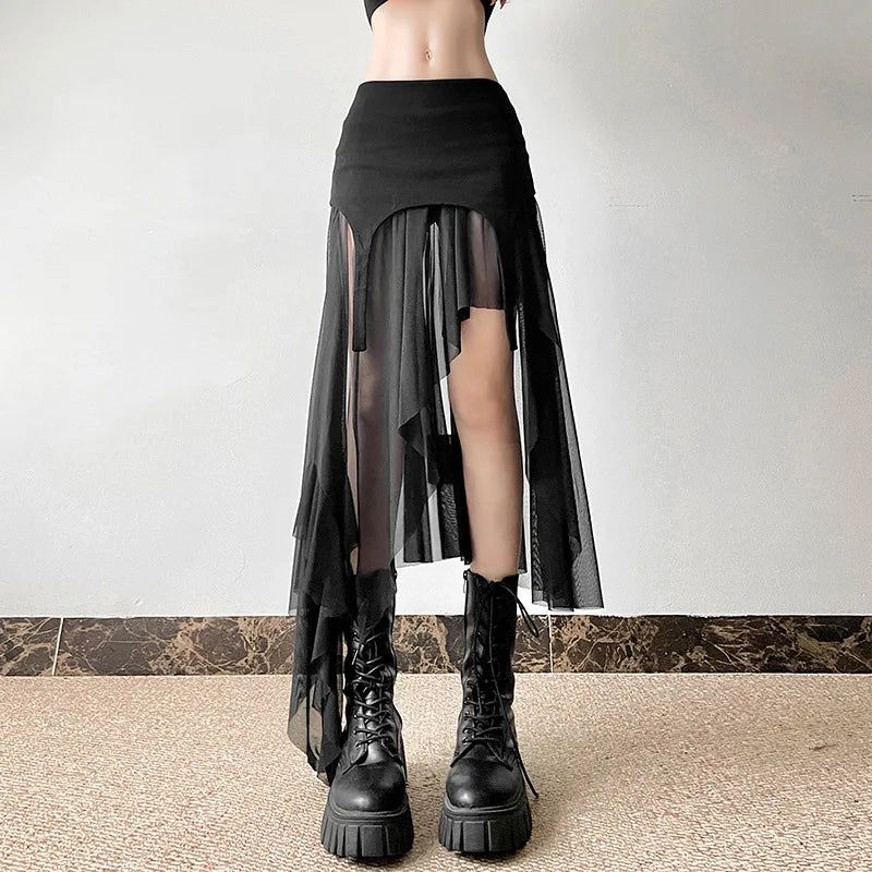 Goth Streetwear Fashion Club Alt Irregular Mesh Harajuku Hem Patchwork Cyber Mid Y2K Skirt Goth Streetwear Fashion Club Alt Irregular Mesh Harajuku Hem Patchwork Cyber Mid Y2K Skirt