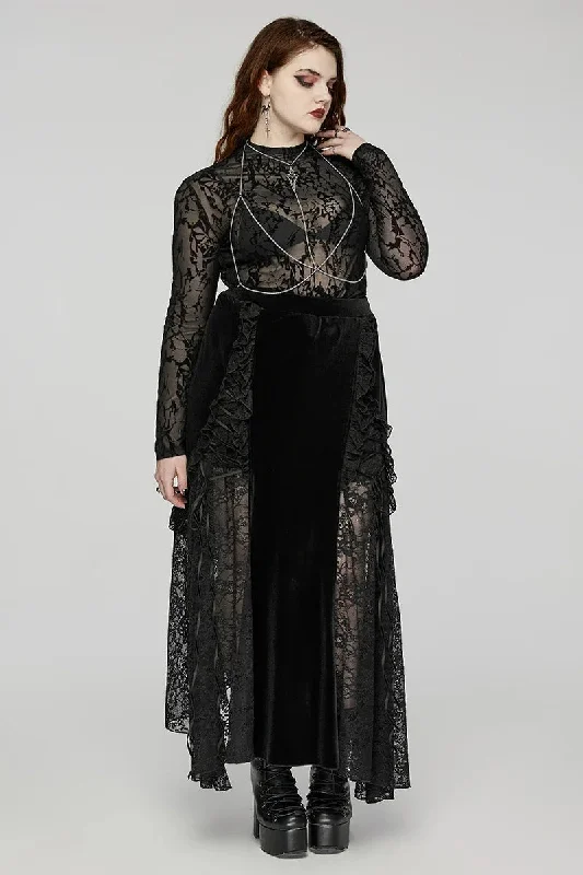 Women's Velvet Long Party Gorgeous Black Club Ruffled Staggered Gothic Lace Patchwork Skirt Women's Velvet Long Party Gorgeous Black Club Ruffled Staggered Gothic Lace Patchwork Skirt