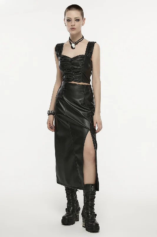 Women's Daily Waist High Faux Female Black Concise Split Fashion A-line Leather Skirt Women's Daily Waist High Faux Female Black Concise Split Fashion A-line Leather Skirt