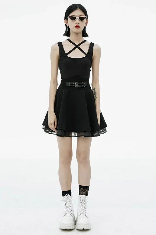 Women's Spliced Nicola Dark Swing High Woven Waist Twill Sun Series Style Black Skirt Women's Spliced Nicola Dark Swing High Woven Waist Twill Sun Series Style Black Skirt