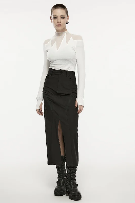 Women's Metal Engraved V-shaped Button Front Mid-length Daily Snap A-line Dark Slit Skirt Women's Metal Engraved V-shaped Button Front Mid-length Daily Snap A-line Dark Slit Skirt