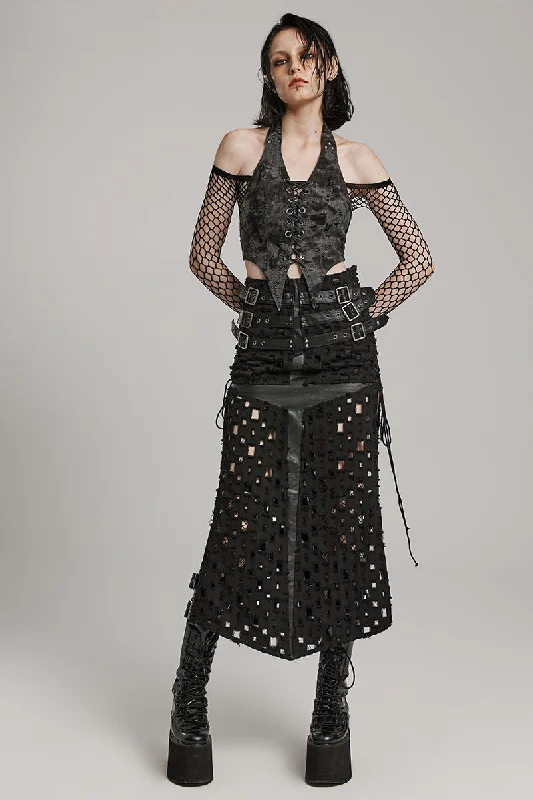 Women's Eyelet Hollowed Half Punching Buckle Tattered Slit Adjustable Rock Letter Cross Skirt Women's Eyelet Hollowed Half Punching Buckle Tattered Slit Adjustable Rock Letter Cross Skirt