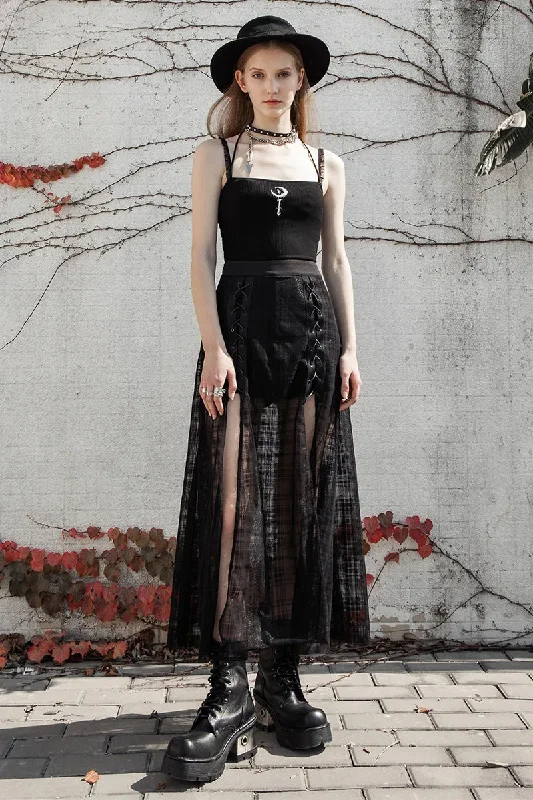 Women's Forks Pantskirt Sexy Gothic Casual Mid-length A Elastic Waist Grid Mesh Daily Long Shape Skirt Women's Forks Pantskirt Sexy Gothic Casual Mid-length A Elastic Waist Grid Mesh Daily Long Shape Skirt