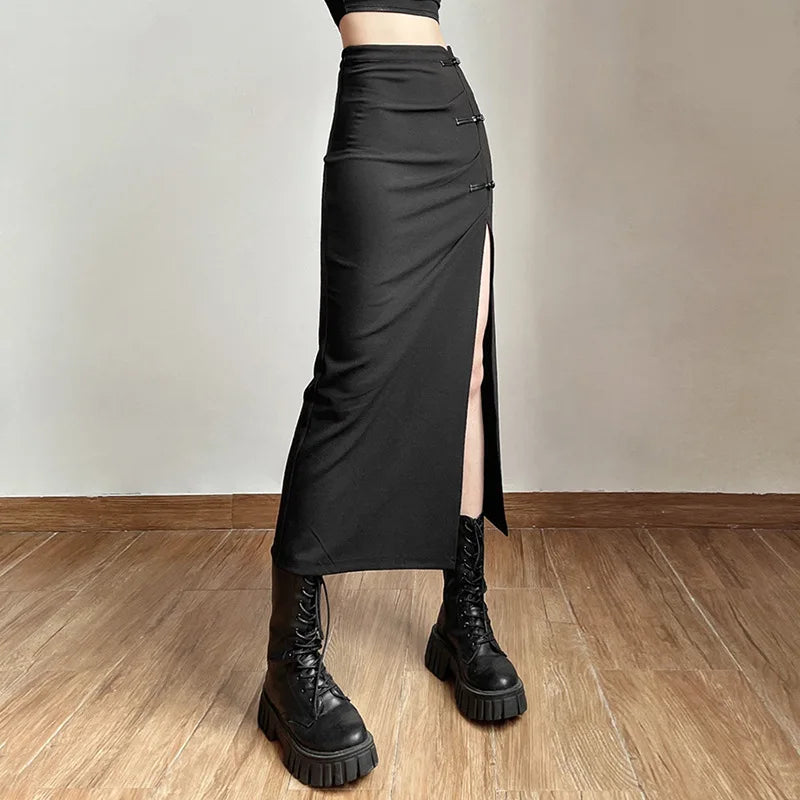 Black Long Mid-length Slits Slim Solid A-line Waist High Sexy Streetwear Women Hip-covering Skirt Black Long Mid-length Slits Slim Solid A-line Waist High Sexy Streetwear Women Hip-covering Skirt