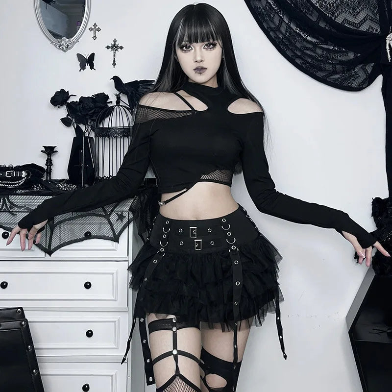 Harajuku Women Patchwork Dark E-girl Hop Ribbons Hip Gothic Mesh Eyelet CyberY2k Streetwear Cake Skirt Harajuku Women Patchwork Dark E-girl Hop Ribbons Hip Gothic Mesh Eyelet CyberY2k Streetwear Cake Skirt
