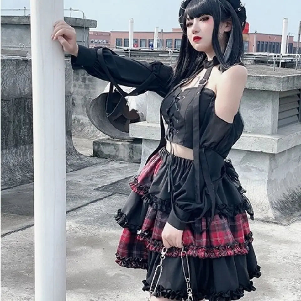 Harajuku Stitching Rock High Spice Red Girl Cosplay A-line Two-dimensional Petticoat Waist Plaid Dark Skirt Harajuku Stitching Rock High Spice Red Girl Cosplay A-line Two-dimensional Petticoat Waist Plaid Dark Skirt
