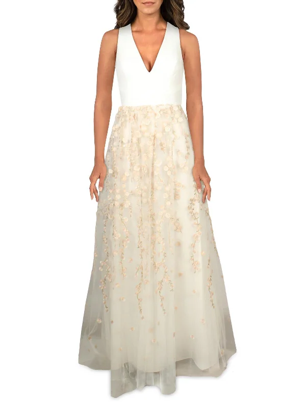 Madelyn Womens Floral Embroidered Evening Dress
