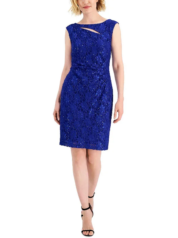 Petites Womens Sequined Cut-Out Cocktail Dress