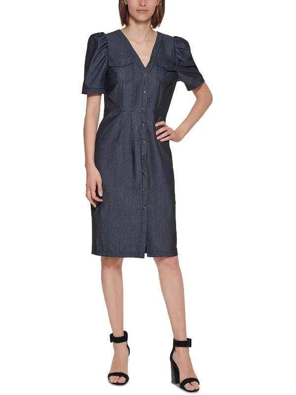Petites Womens Woven Puff Sleeves Shirtdress