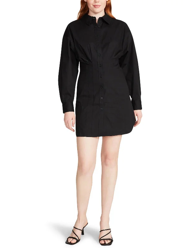 Pin Tuck Womens Button-Down Collared Shirtdress