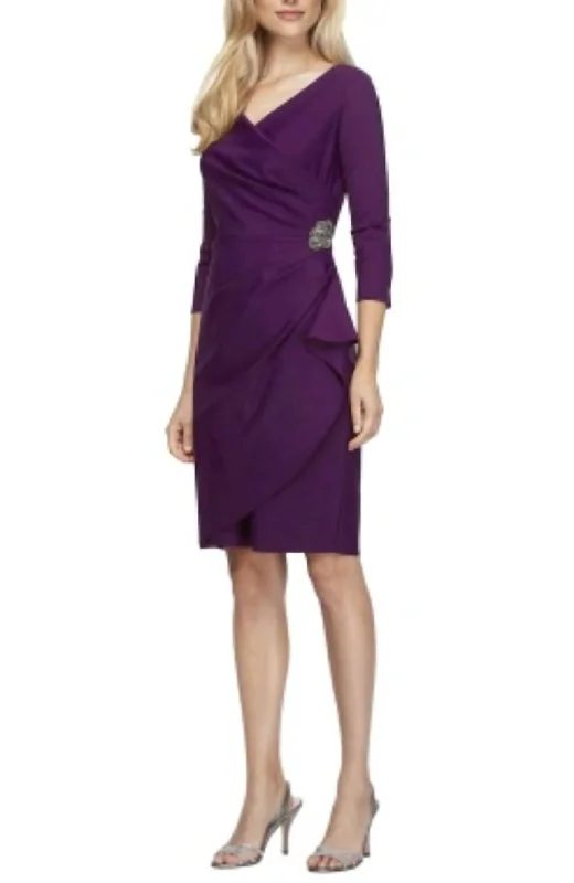 Sheath Compression Cocktail Dress With 3/4 Sleeves In Purple