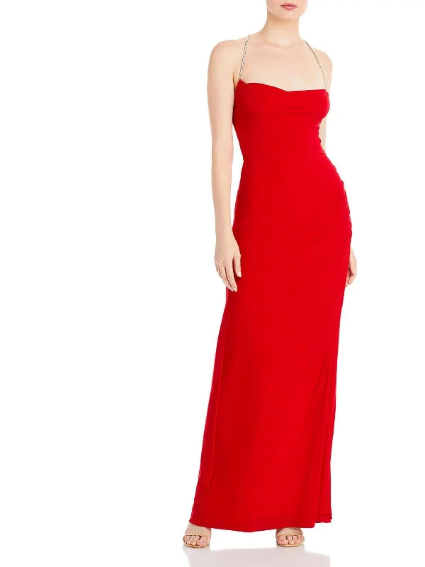 Womens Embellished Halter Evening Dress