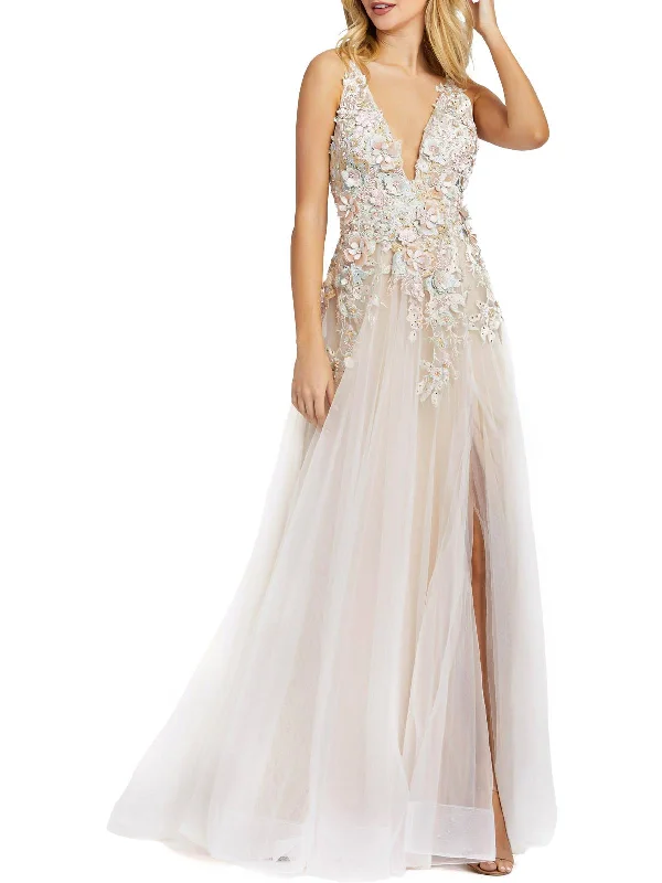 Womens Floral Applique Evening Dress