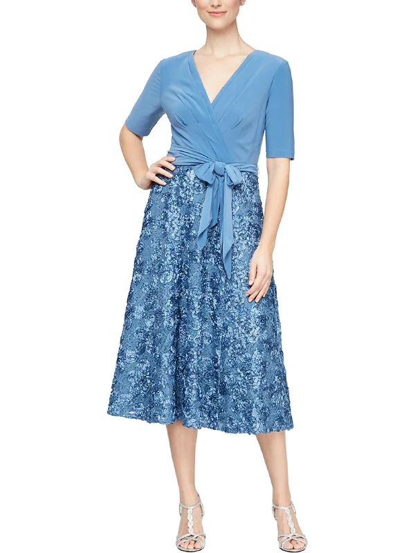 Womens Sequined Rosette Cocktail Dress