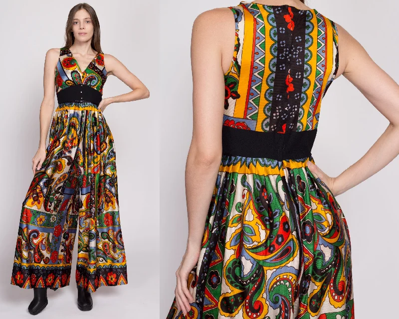 60s 70s Boho Floral & Paisley Palazzo Jumpsuit - Small