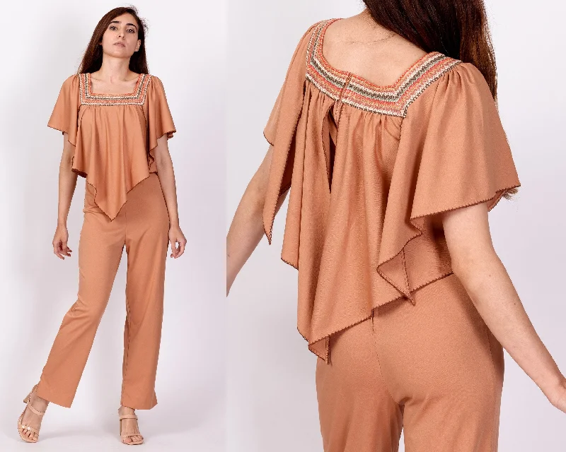 70s Embroidered Flutter Capelet Jumpsuit - XS to Petite Small