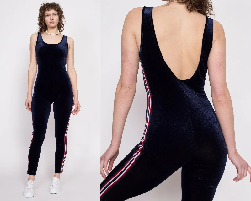 90s Low Back Navy Blue Velvet Unitard Catsuit - Small to Medium