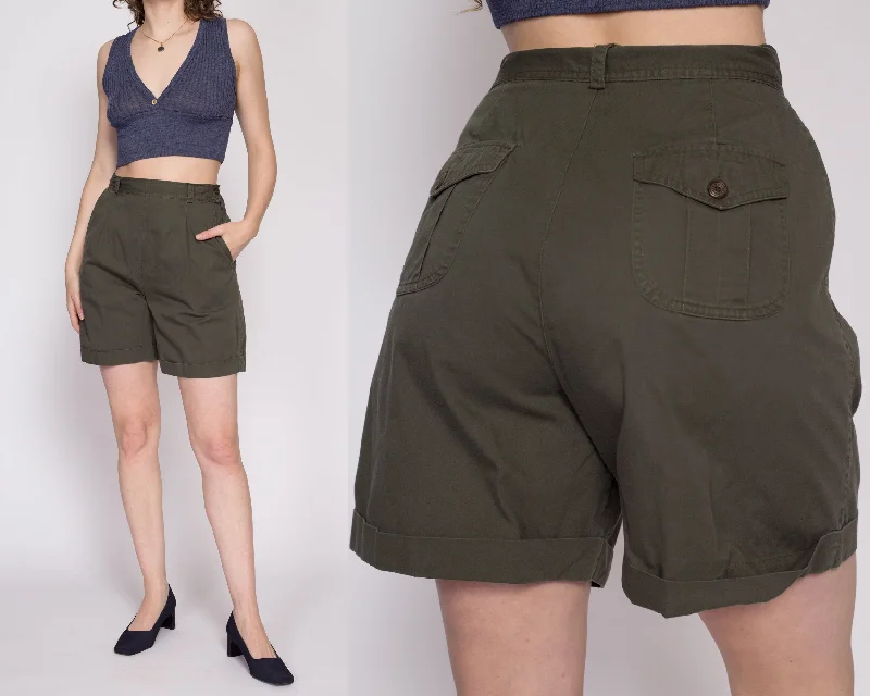 90s Olive High Waisted Pleated Shorts - Medium, 27.5"