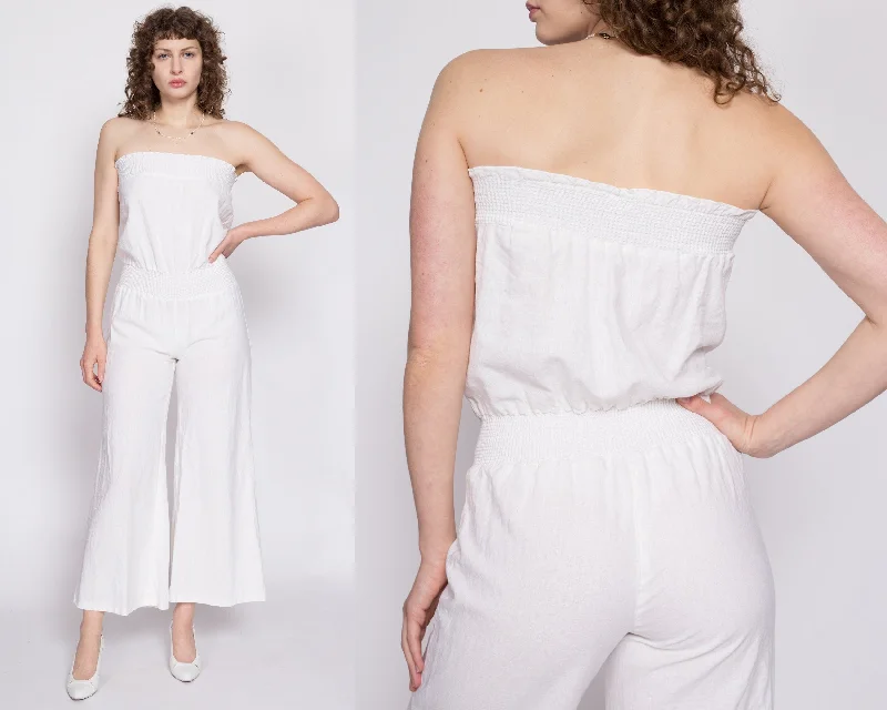 90s Y2K White Strapless Flared Leg Jumpsuit - Small