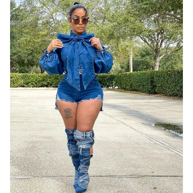 Lantern Sleeve Sexy Jeans Jumpsuit (CL10120)