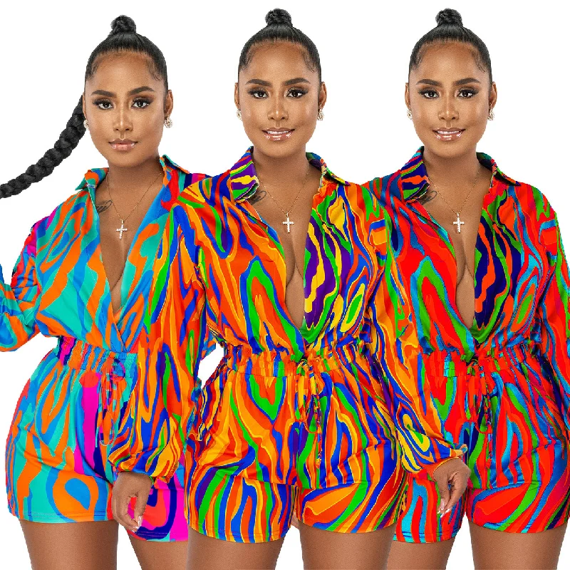 Lapel Print Fitted Waist Jumpsuit(CL10827)