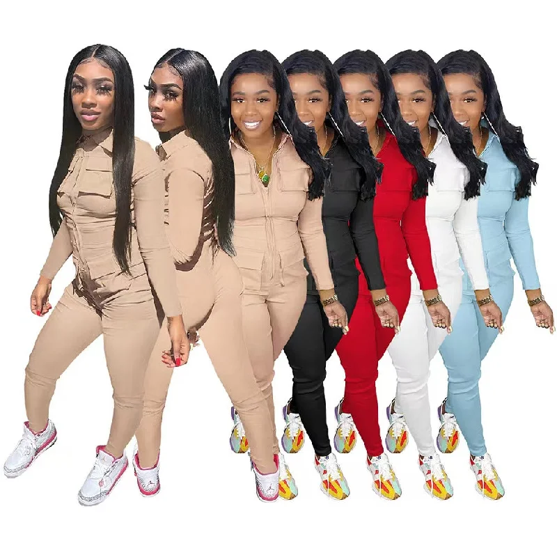 Long solid color cargo zippered pocket jumpsuit（CL12074）