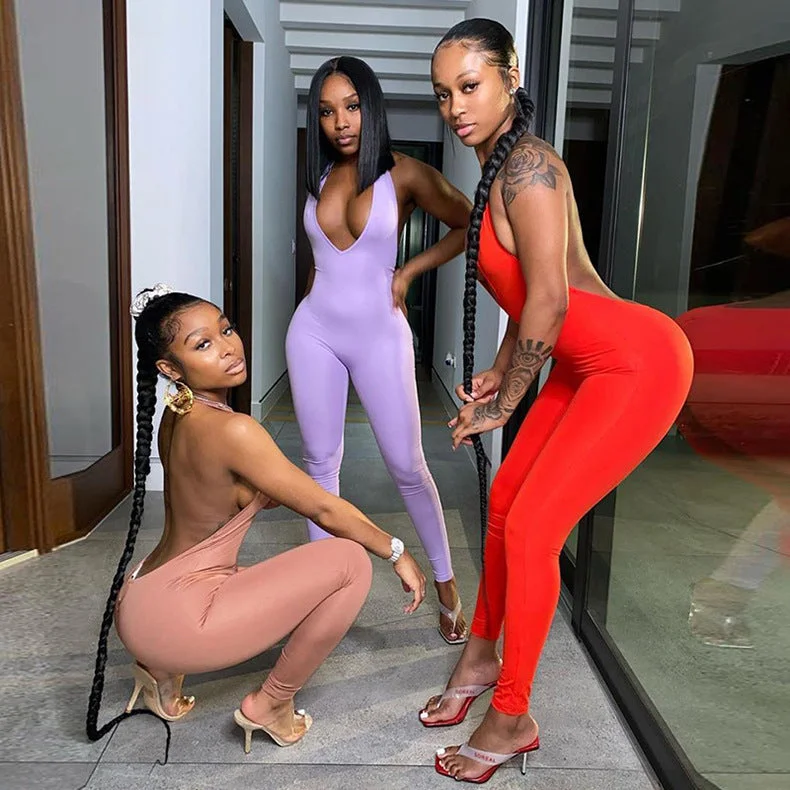 New summer women's tight-fitting sexy halter hanging neck sleeveless deep V hip-lift one-piece trousers JUMPSUIT(CL10093)