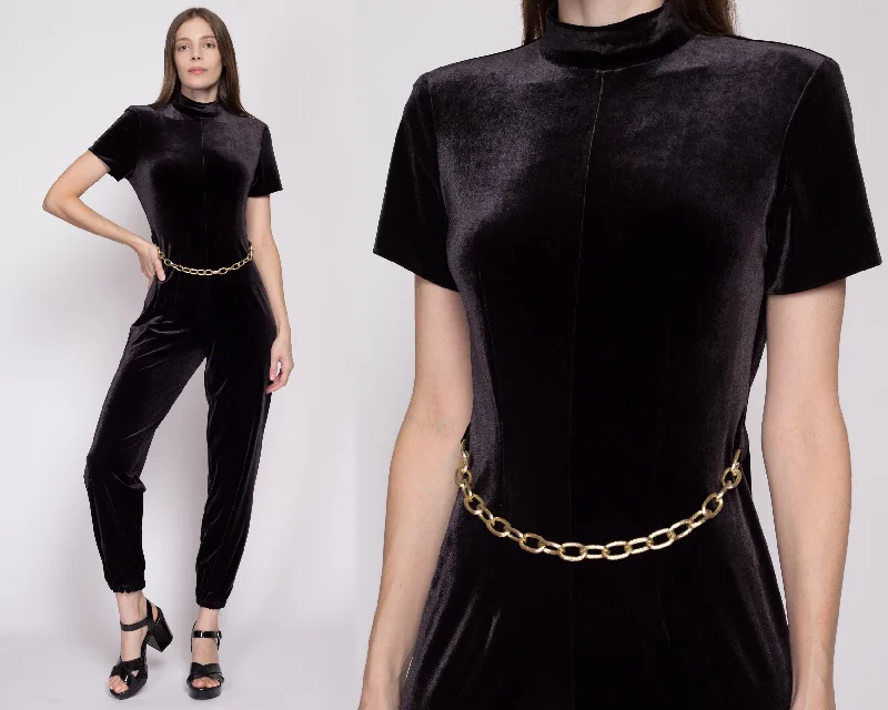 Petite Medium 90s Black Velvet Gold Chain Belt Jumpsuit