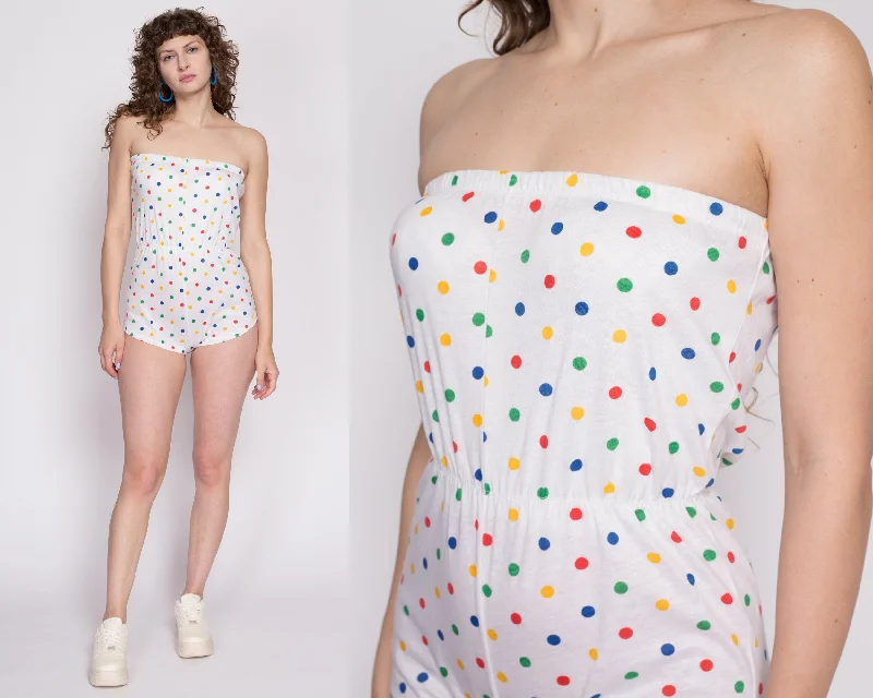 Petite Small 70s White Polka Dot Strapless Romper