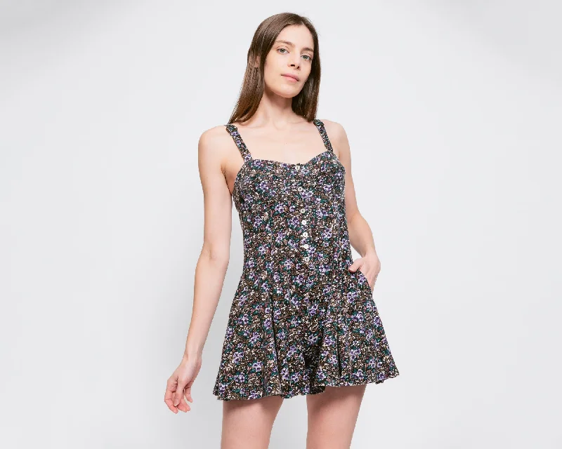 Petite Small 80s Floral Sweetheart Neck Button Front Romper