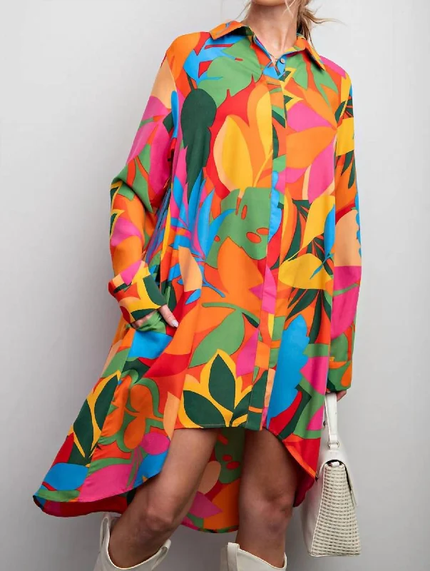Print Shirt Dress In Orange Green