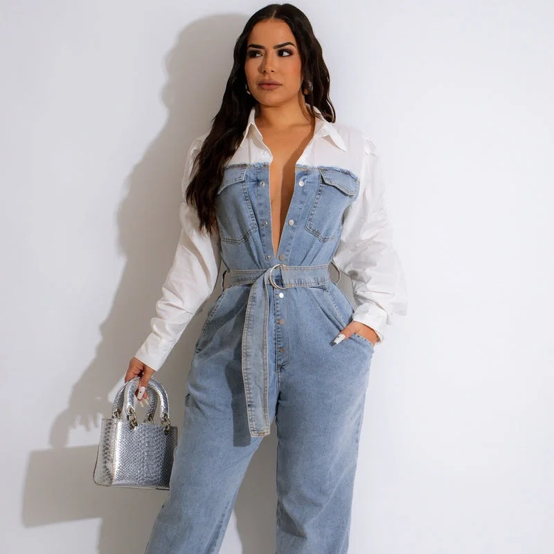 Stretch-denim Paneled Plus-size Jumpsuit (CL11318)