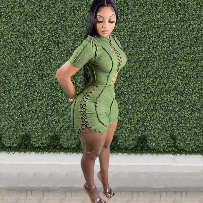 Women's One-piece Shorts with Rope and Raw Edges JUMPSUIT(CL10108)