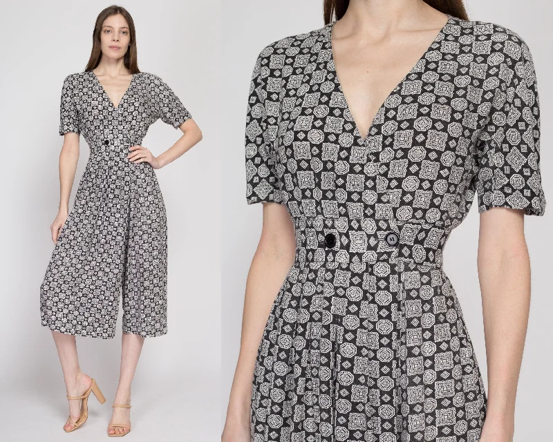 XS 90s Black & White Abstract Print Culotte Wrap Jumpsuit