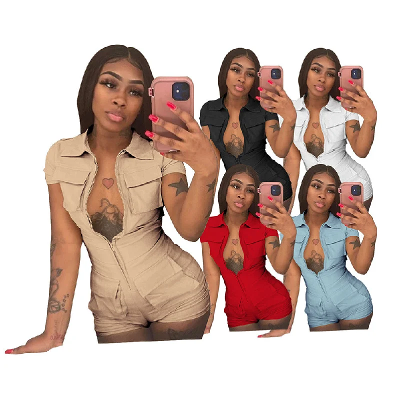Zipper Pocket Solid Color Cargo Overalls (CL11287)