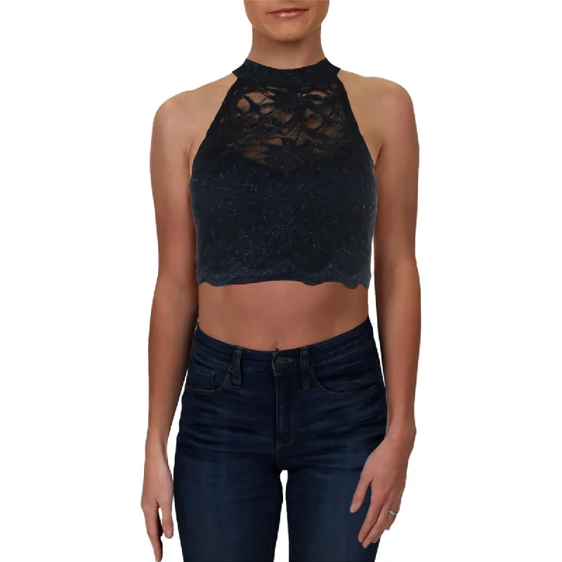 City Studio Womens Juniors Lace Glitter Crop Top