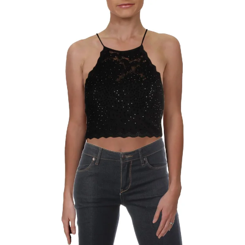Sequin Hearts Womens Juniors Lace Embellished Crop Top