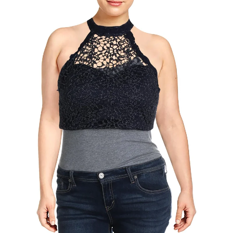 Sequin Hearts Womens Juniors Lace Metallic Crop Top