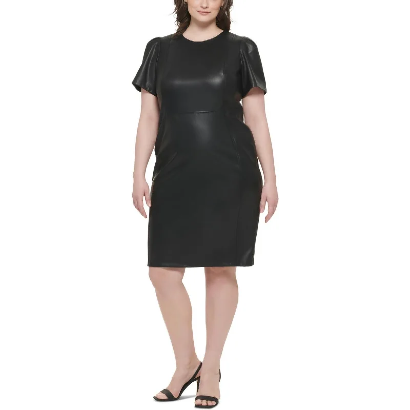 Calvin Klein Womens Plus Faux Leather Knee-Length Sheath Dress